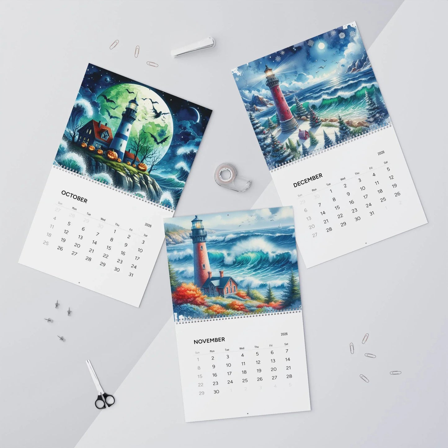 Lighthouse Watercolor Art 2026 Wall Calendar – Coastal Scenic Artwork