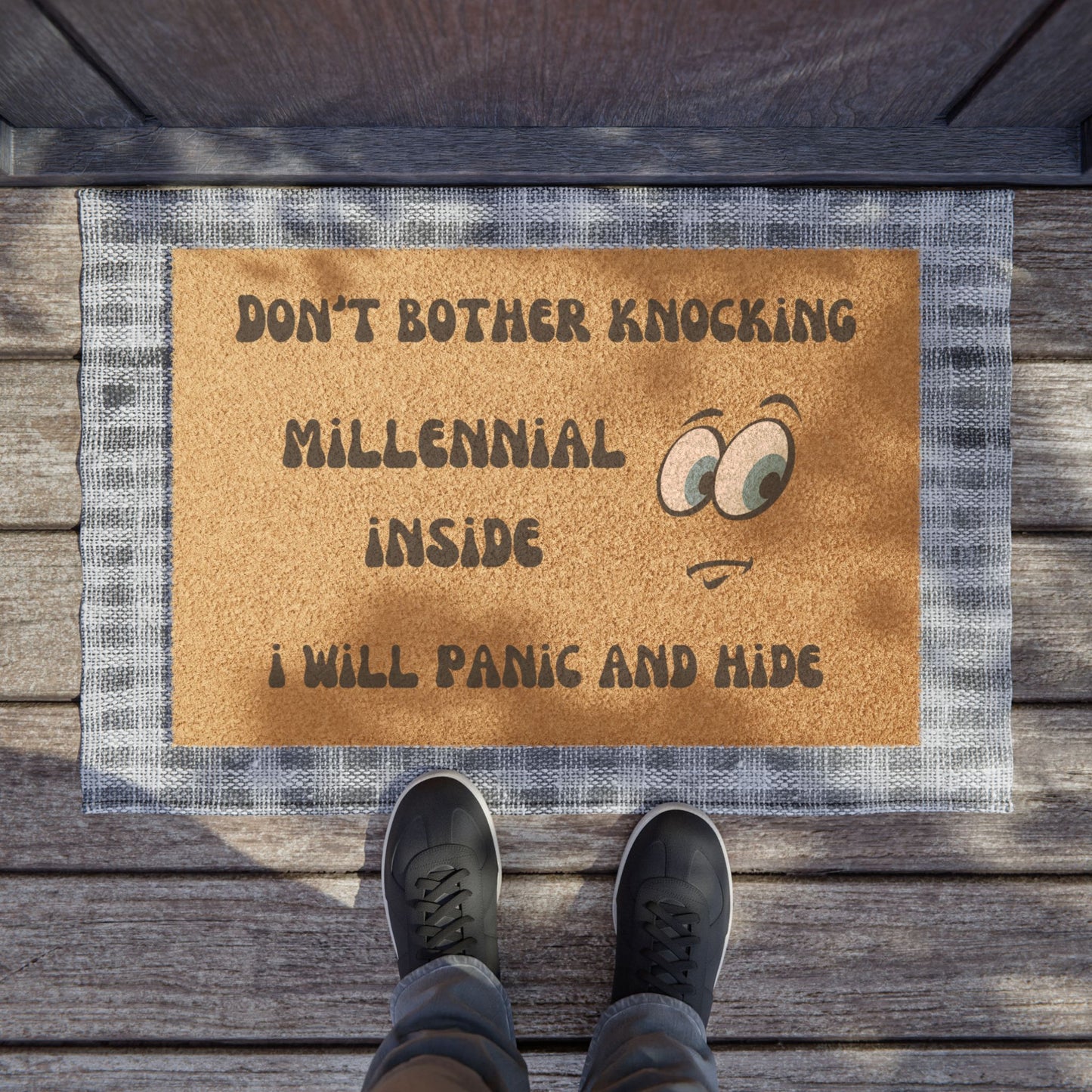 Funny Millennial Doormat – “Don’t Bother Knocking, Millennial Inside” Outdoor Welcome Mat