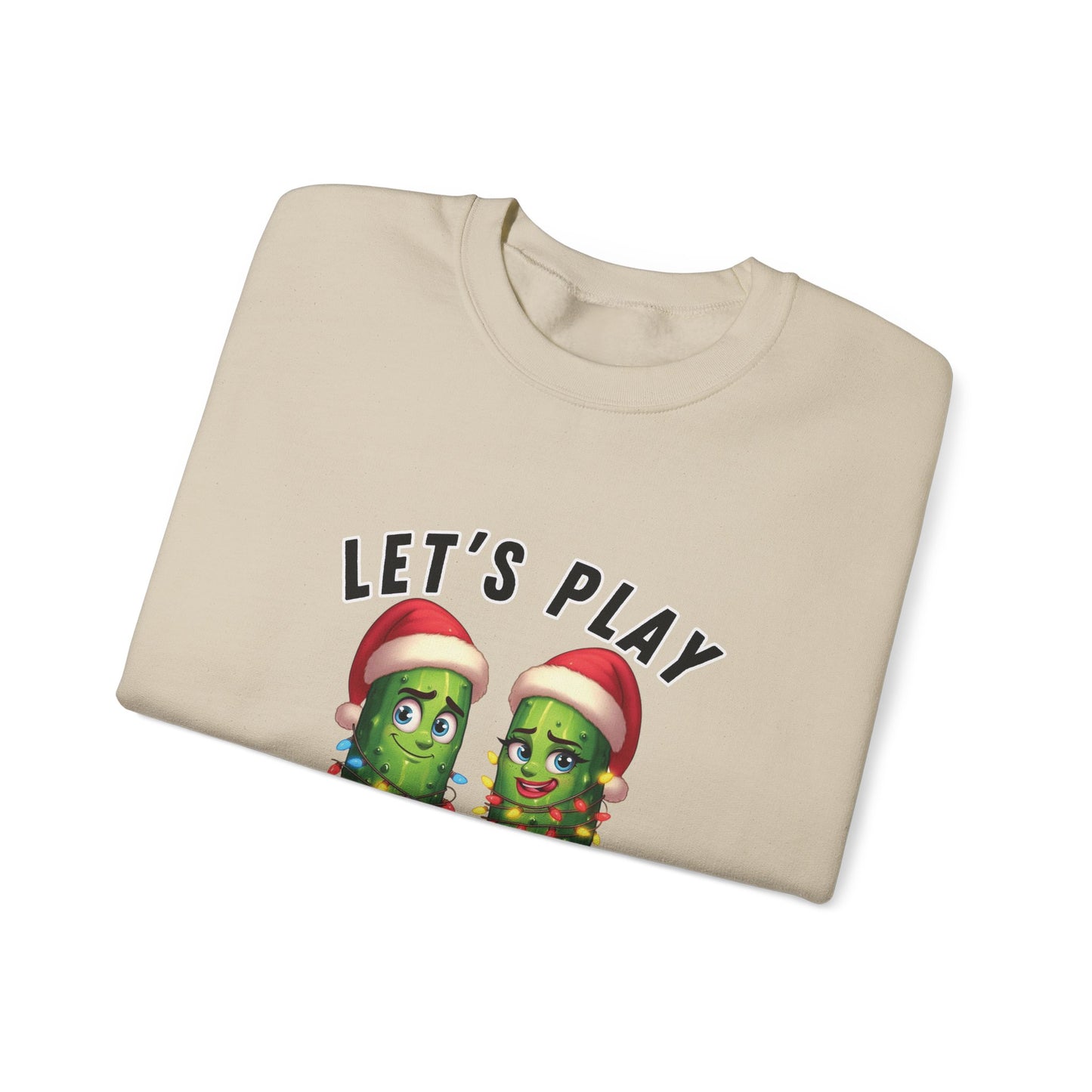Beige sweatshirt with pickle characters and 'Let's Play' text on a white background