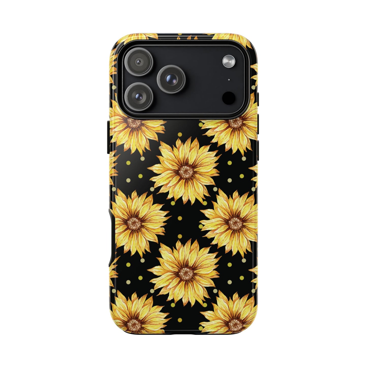 Phone case with yellow sunflower pattern on a black background
