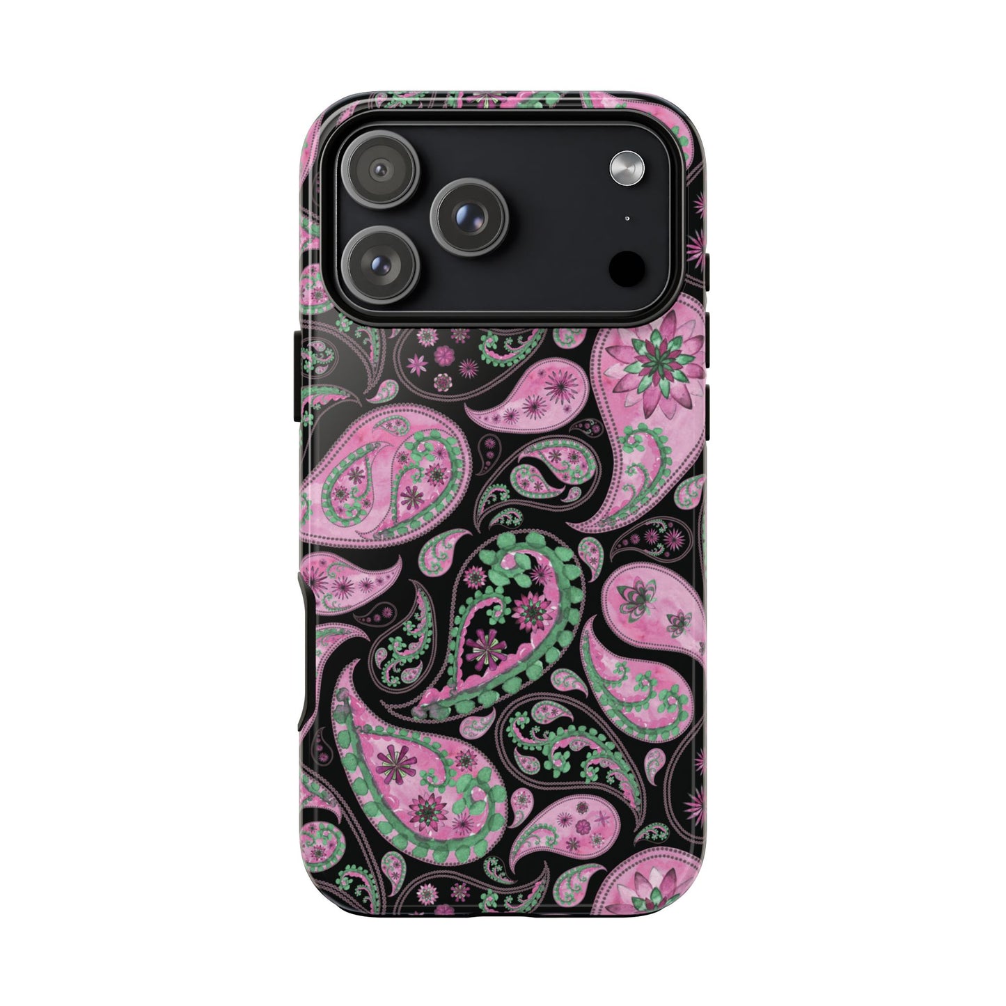 Phone case with pink and green paisley pattern on a black background