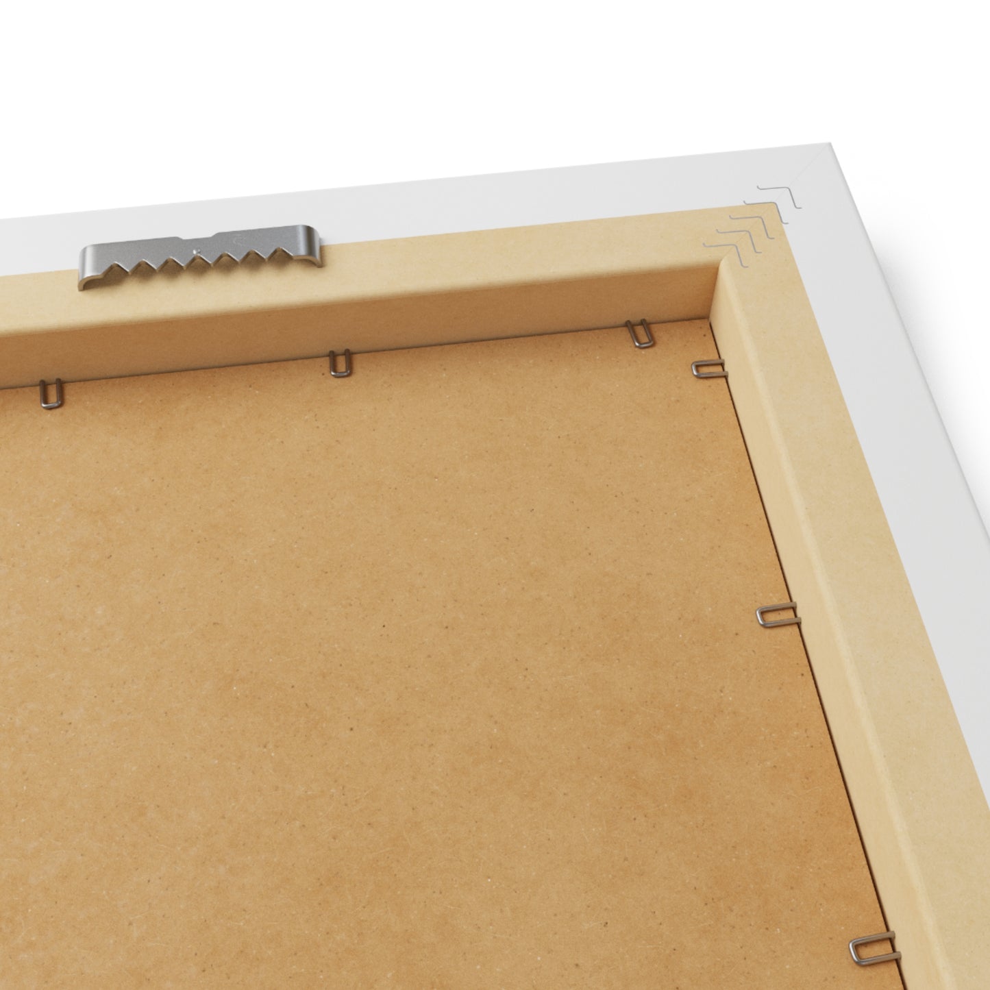 Close-up of a white wooden picture frame with a white border and metal hanger on a white background.