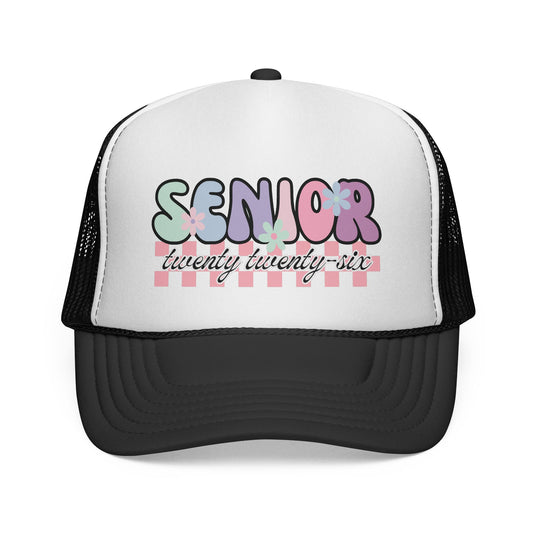 black and white Trucker hat with 'Senior twenty twenty-six' text on a white background