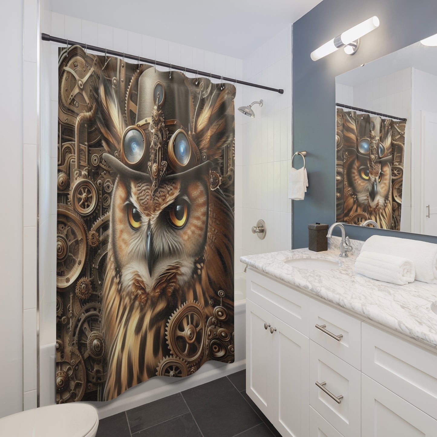 Bathroom with a steampunk-themed owl shower curtain