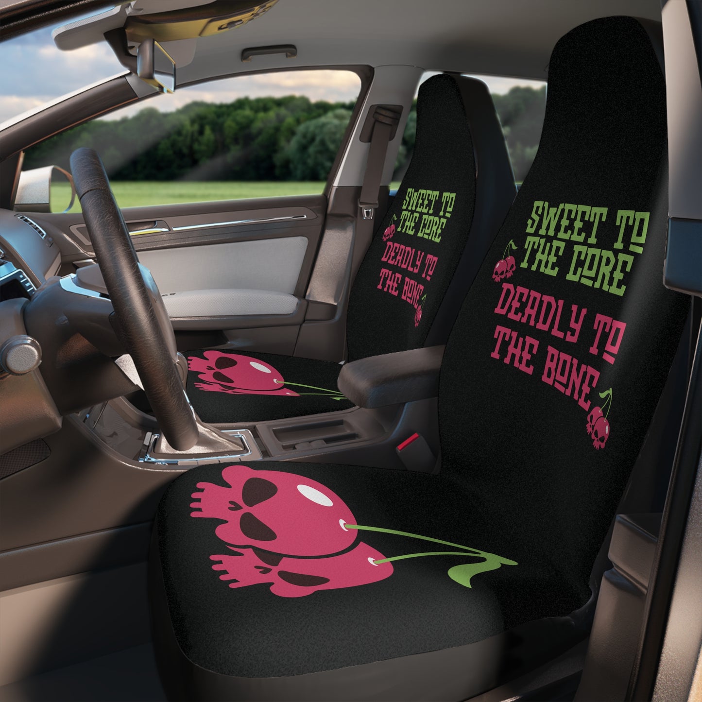 Sweet to the Core, Deadly to the Bone Car Seat Covers – Bold Gothic Car Interior Upgrade