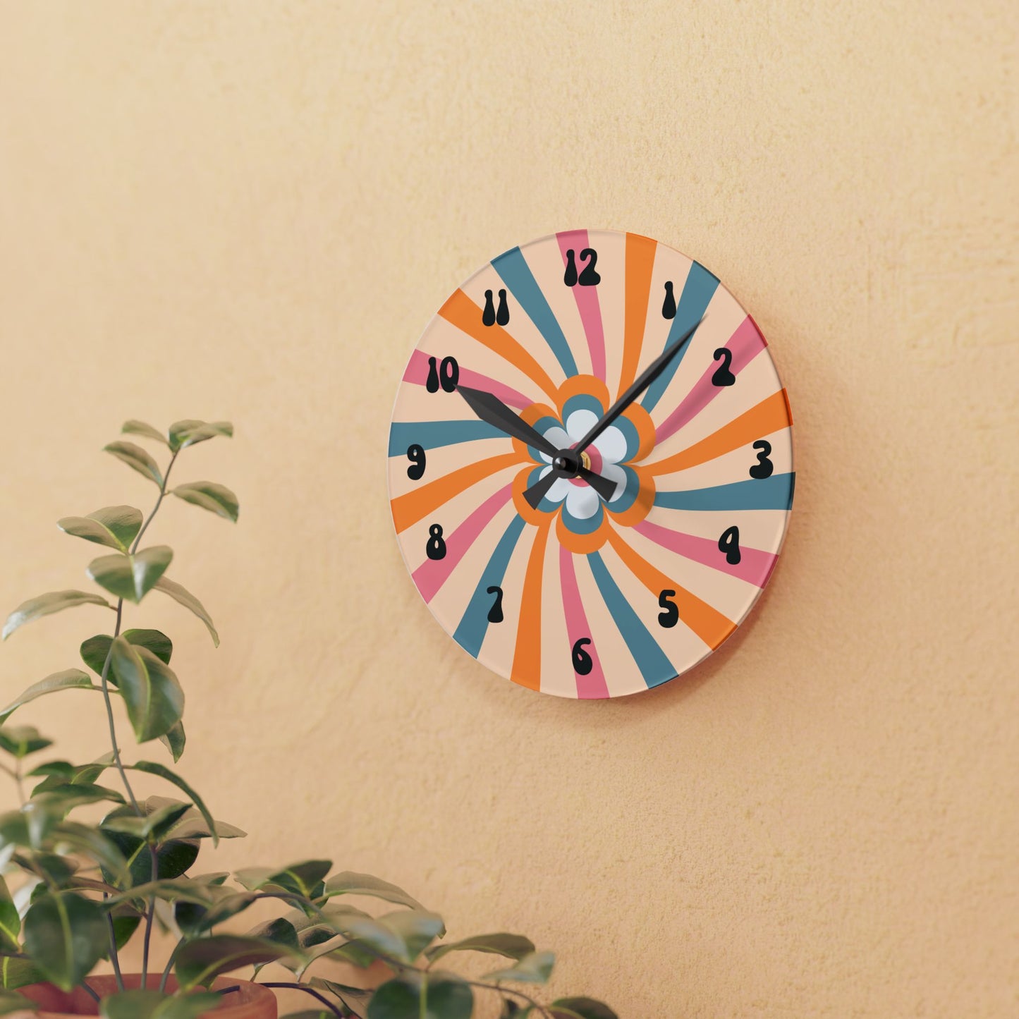 Retro Flower Acrylic Wall Clock – Mid-Century Modern Wall Decor in Round or Square