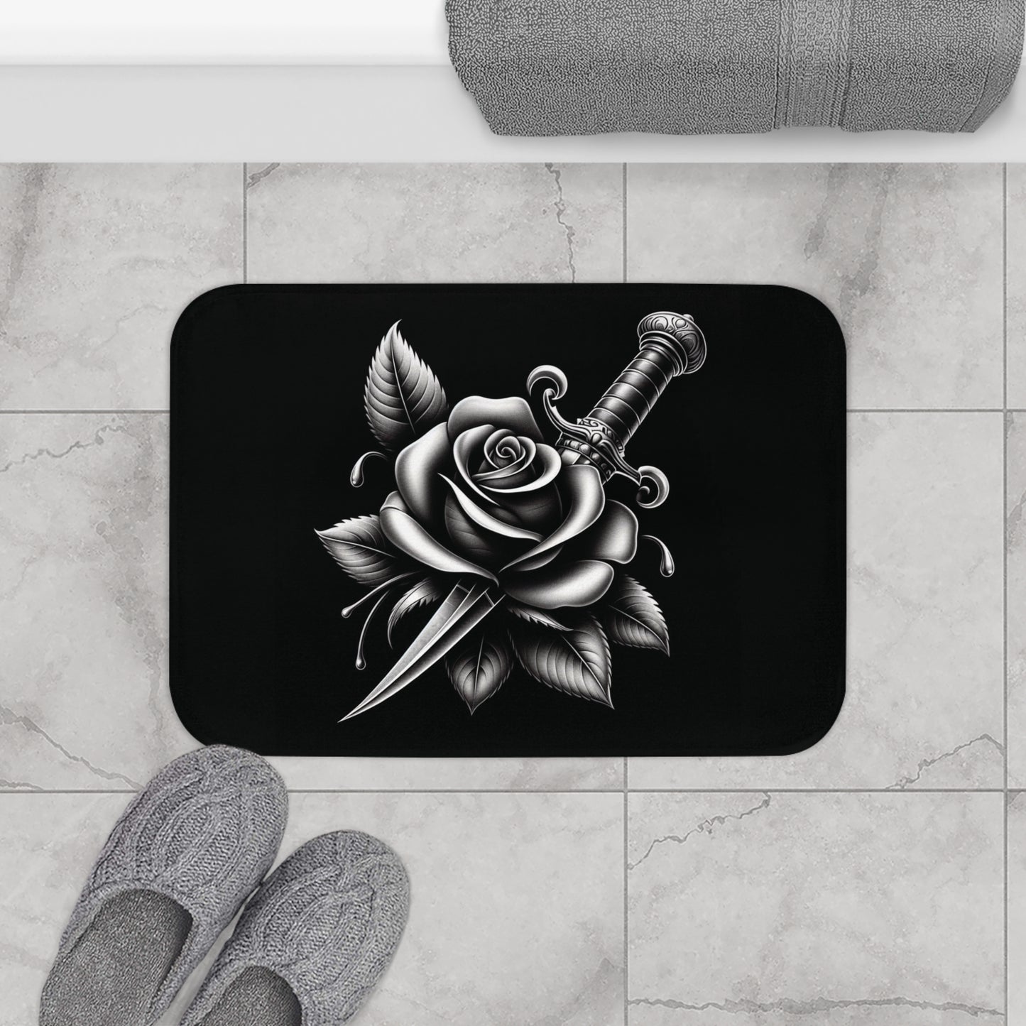 Rose n Dagger Bath Mat | Gothic Bathroom Decor | Microfiber Non-Slip Rug | Matching Shower Curtain Accessory