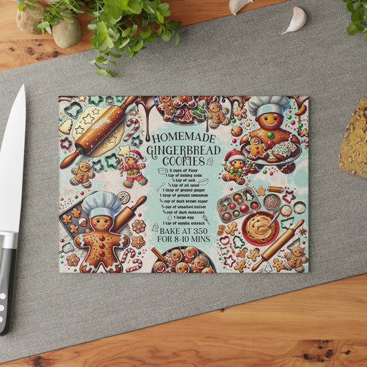 Whimsical Gingerbread Recipe Glass Cutting Board – Festive Kitchen Decor