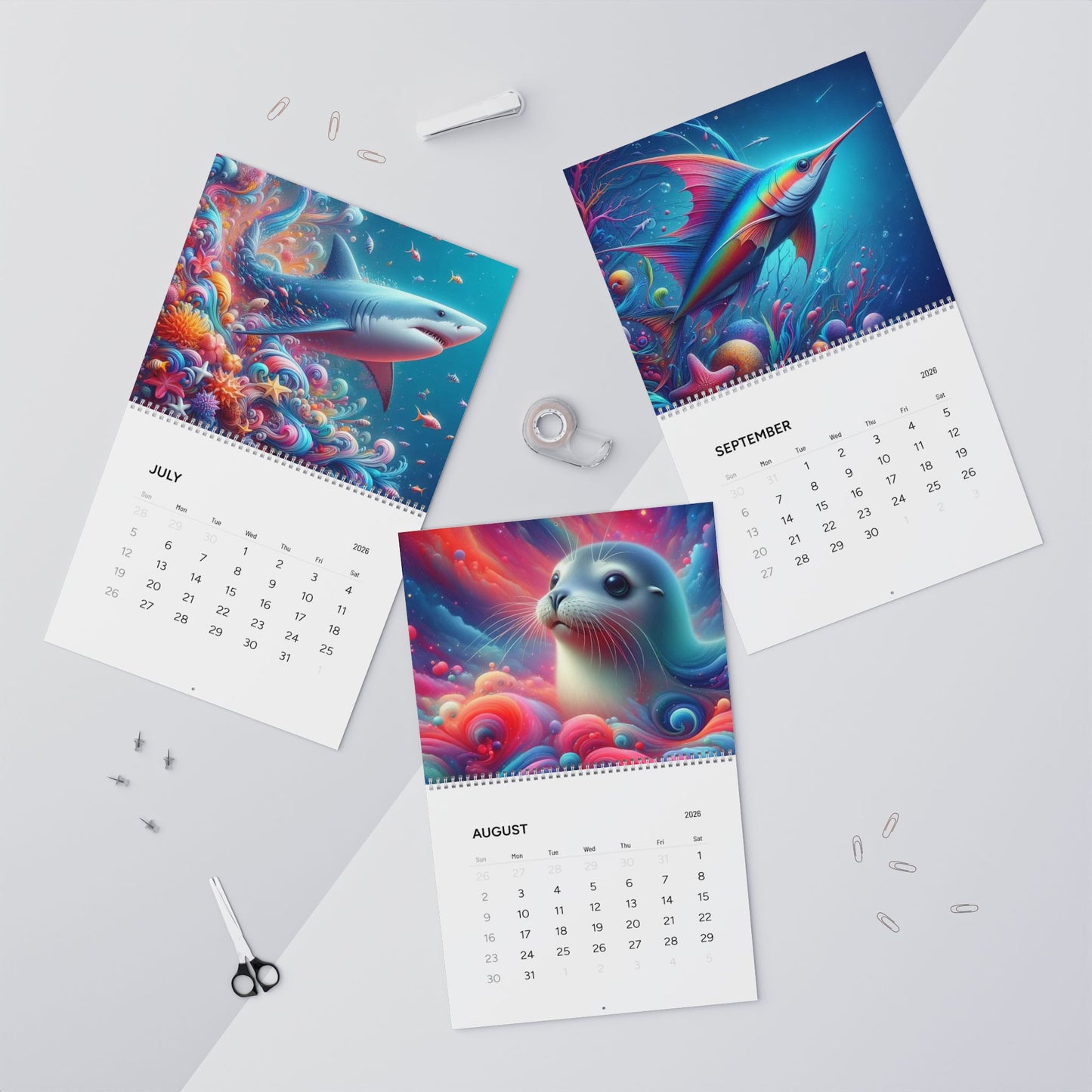 Neon Depths 2026 Wall Calendar – Vibrant Sea Life Art