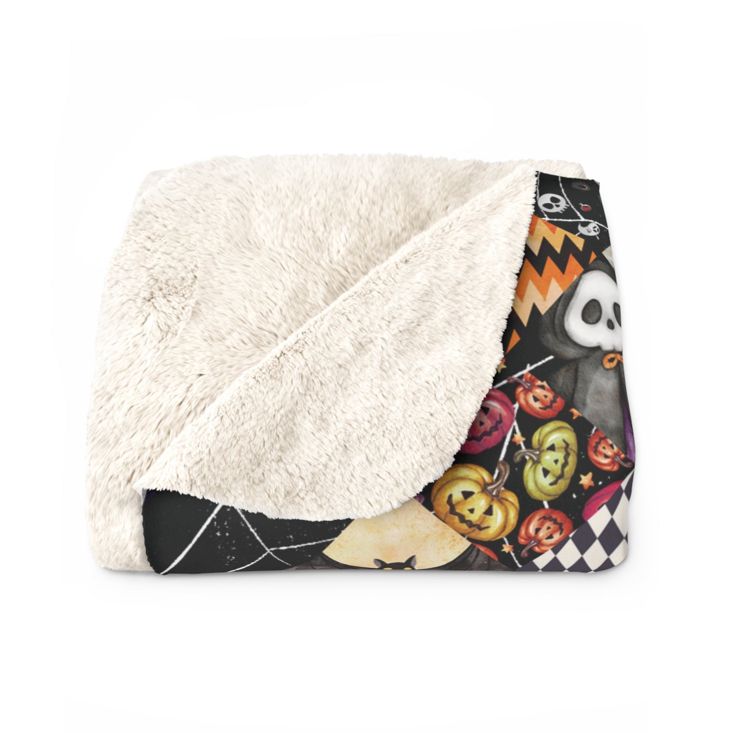 Halloween Patchwork Sherpa Fleece Blanket – Cozy & Spooky Comfort