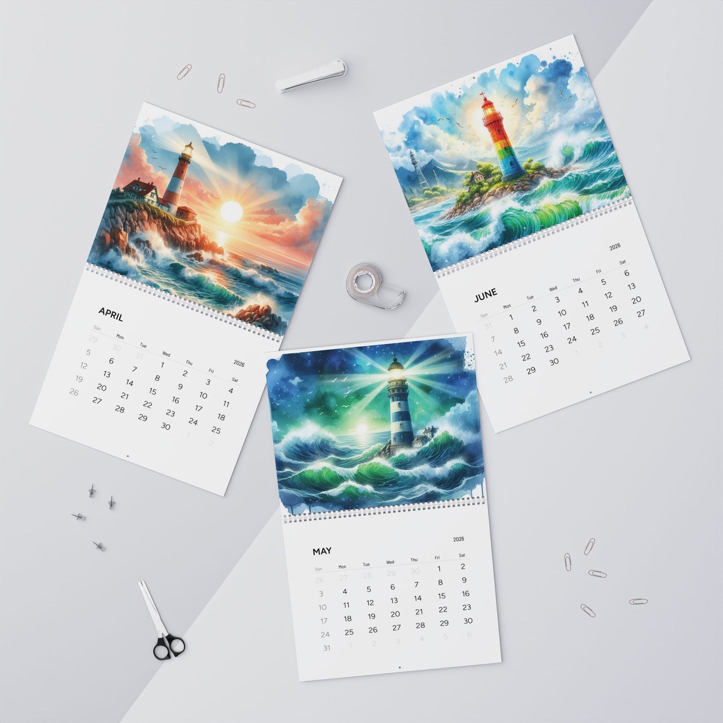 Lighthouse Watercolor Art 2026 Wall Calendar – Coastal Scenic Artwork