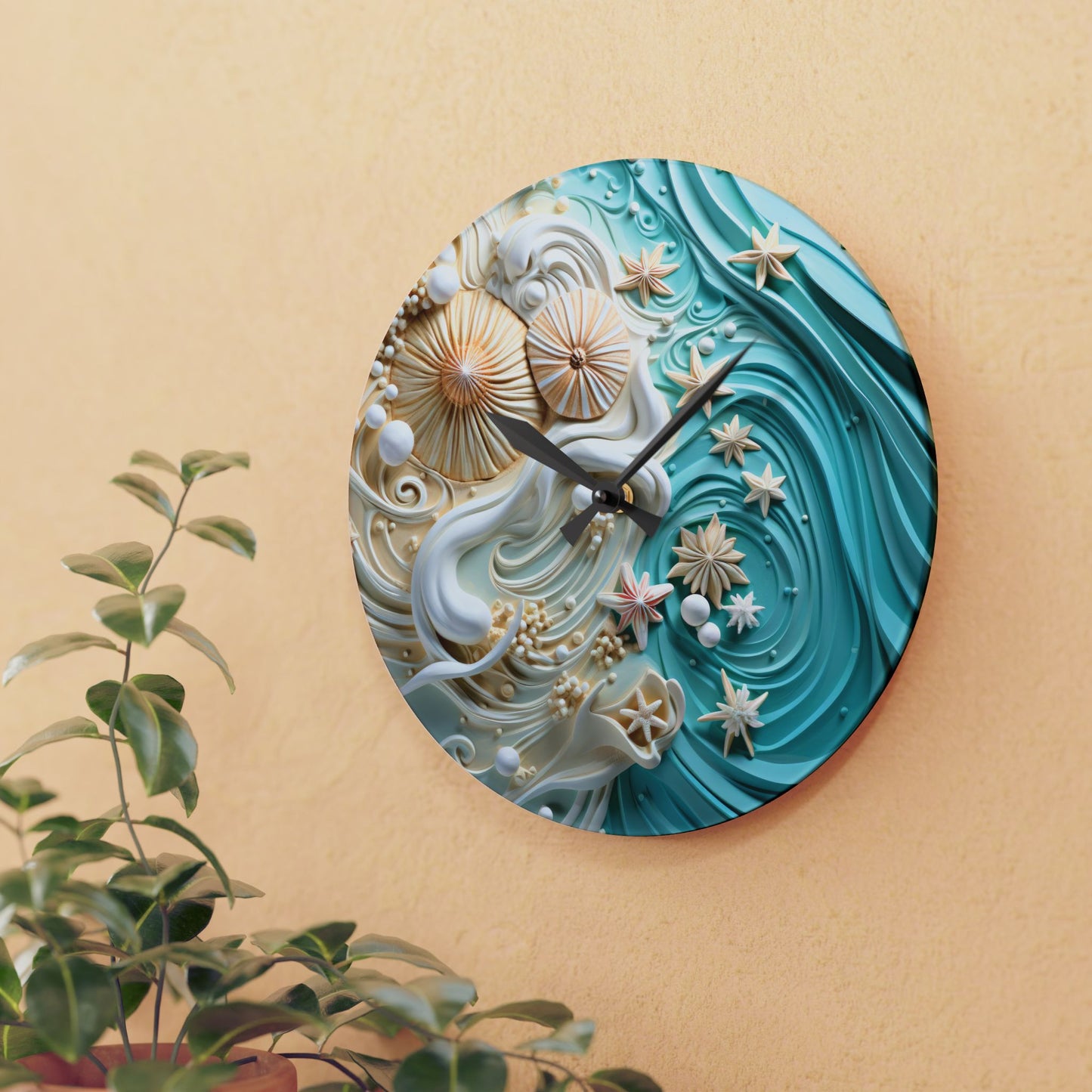 Ocean Waves & Seashells Acrylic Wall Clock – Coastal Charm for Any Room