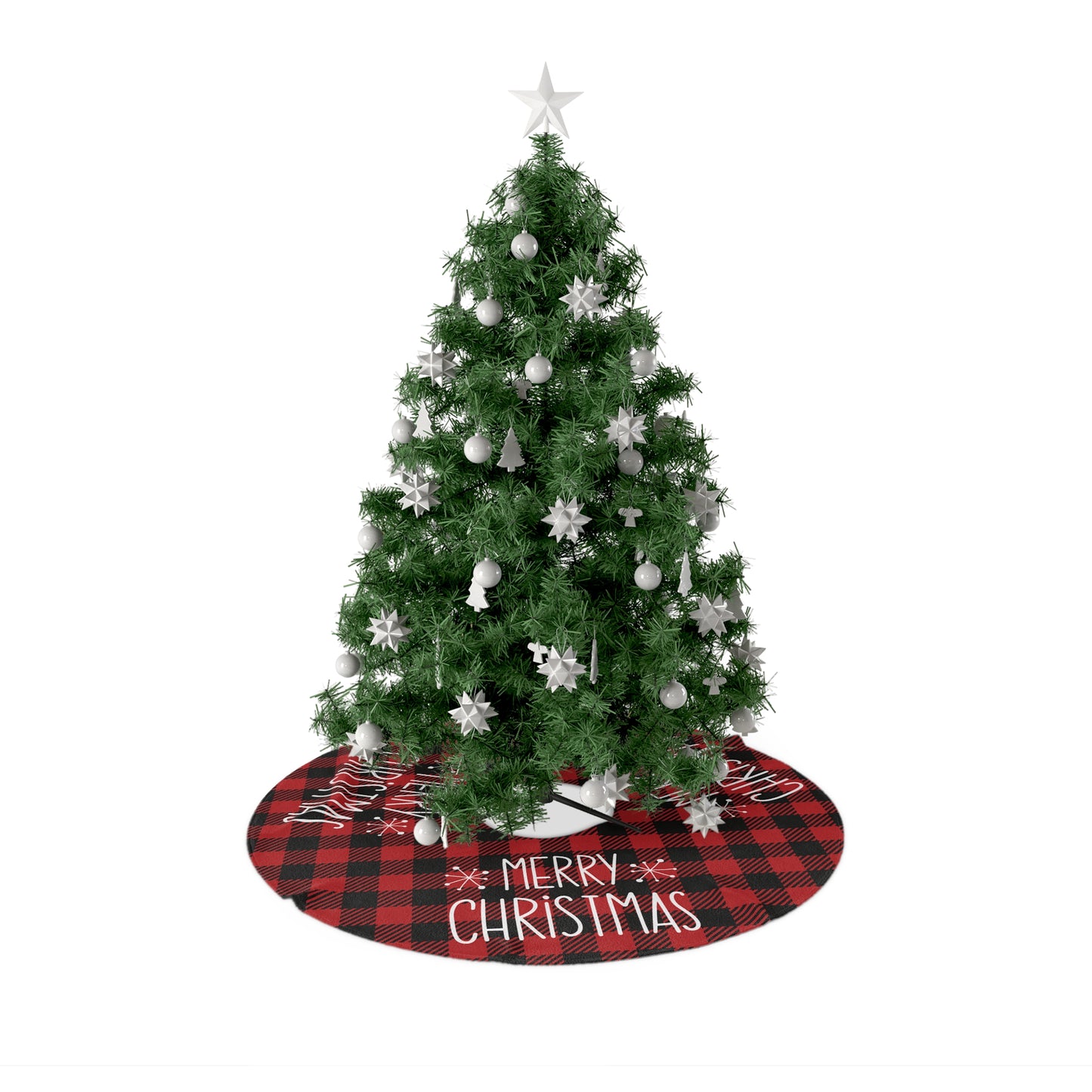 Merry Christmas Tree Skirt – Red Plaid Christmas Tree Base with Cozy Fleece