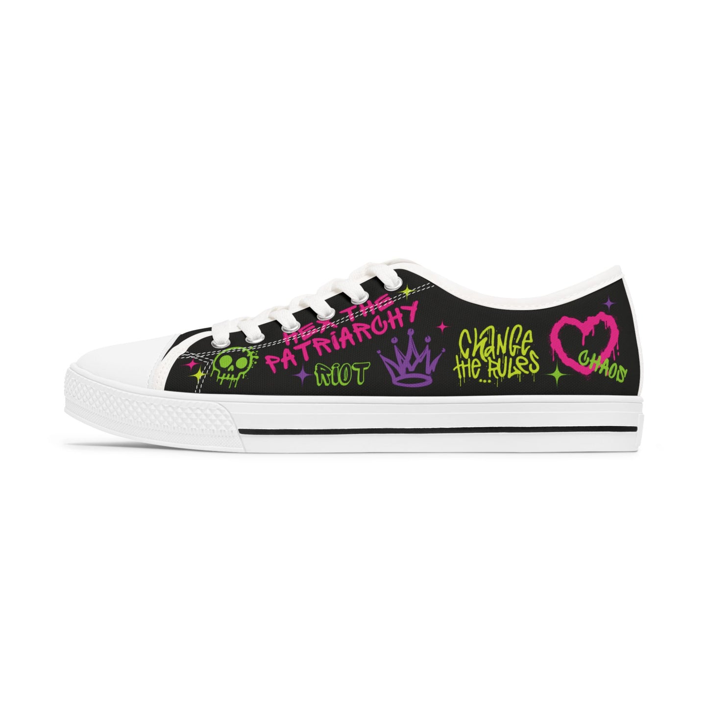 Rage Against the Patriarchy Graffiti Women’s Low-Top Sneakers – Bold, Feminist Streetwear Footwear