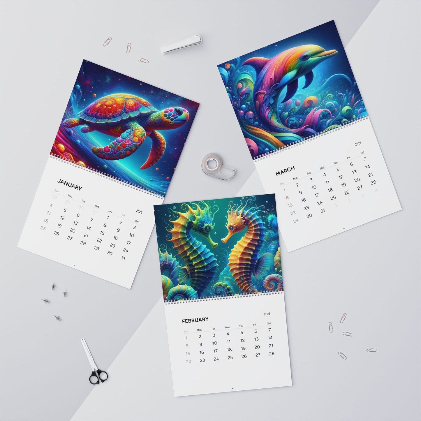Neon Depths 2026 Wall Calendar – Vibrant Sea Life Art
