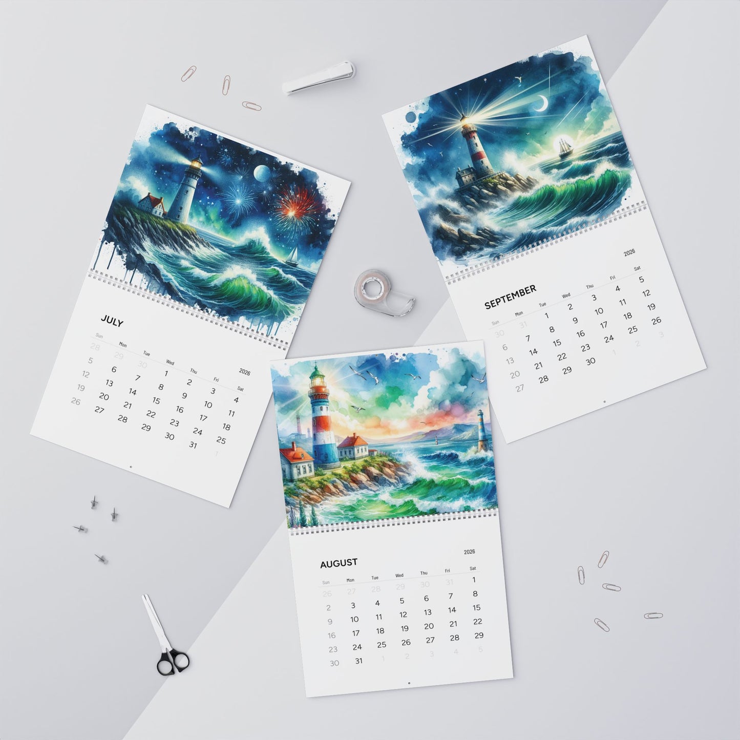 Lighthouse Watercolor Art 2026 Wall Calendar – Coastal Scenic Artwork