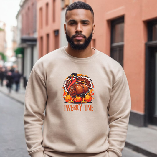 Twerky Time Men’s Thanksgiving Sweatshirt – Funny Turkey Holiday Crewneck