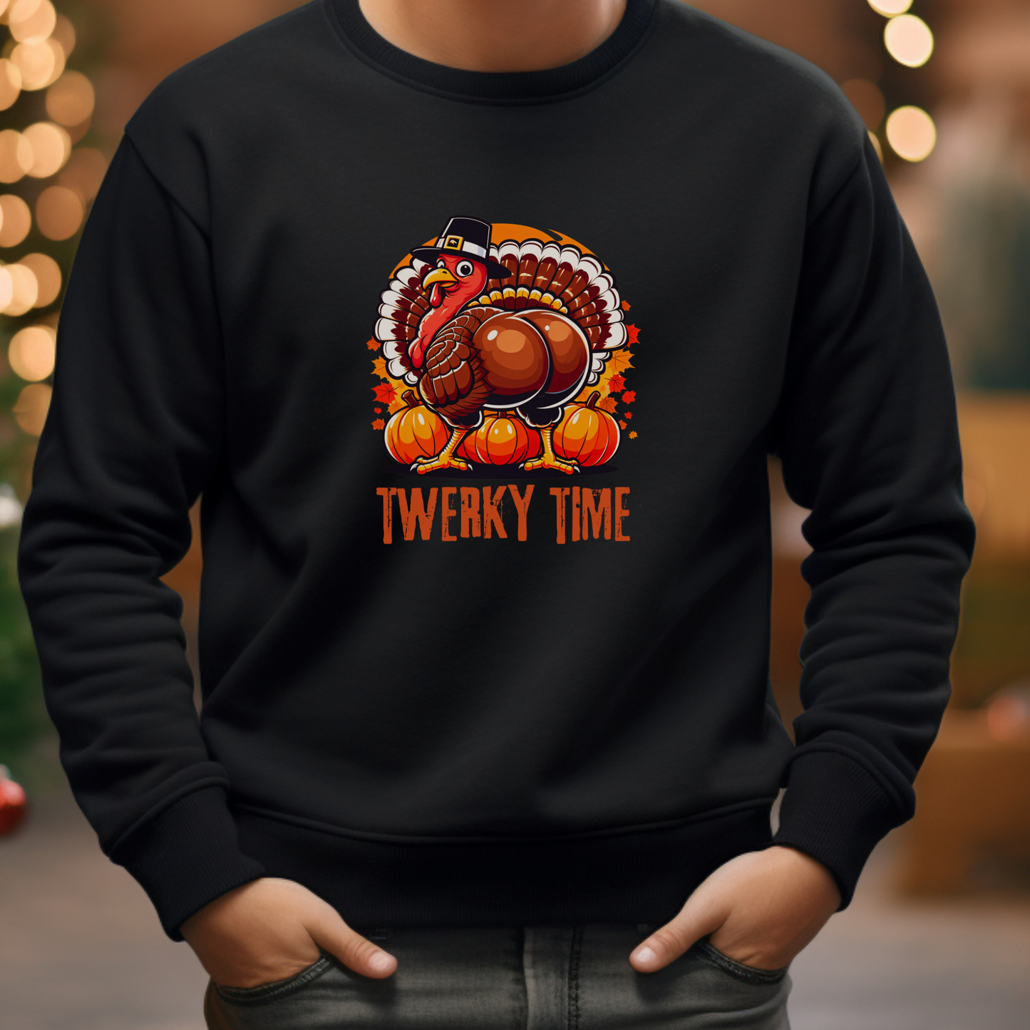 Twerky Time Men’s Thanksgiving Sweatshirt – Funny Turkey Holiday Crewneck