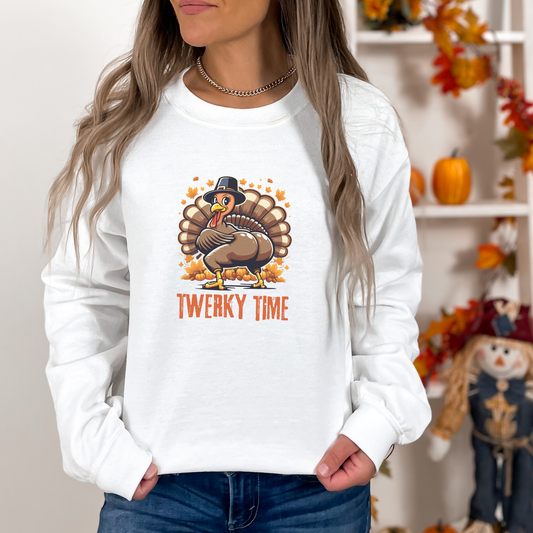 Twerky Time Women’s Thanksgiving Sweatshirt – Funny Turkey Holiday Crewneck