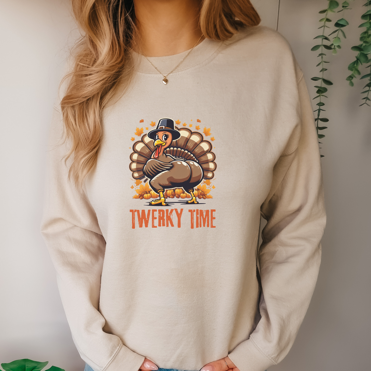 Twerky Time Women’s Thanksgiving Sweatshirt – Funny Turkey Holiday Crewneck