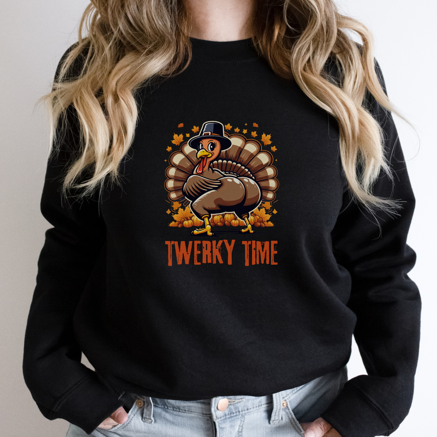 Twerky Time Women’s Thanksgiving Sweatshirt – Funny Turkey Holiday Crewneck