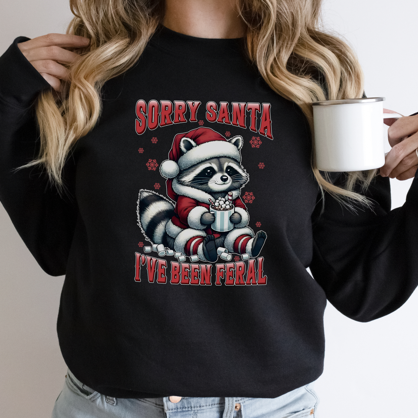 Sorry Santa, I’ve Been Feral Women’s Holiday Sweatshirt – Funny Raccoon Christmas Crewneck