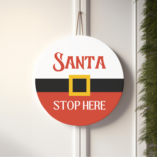 Santa Stop Here Holiday Door Sign – Rustic Christmas Wooden Door Décor