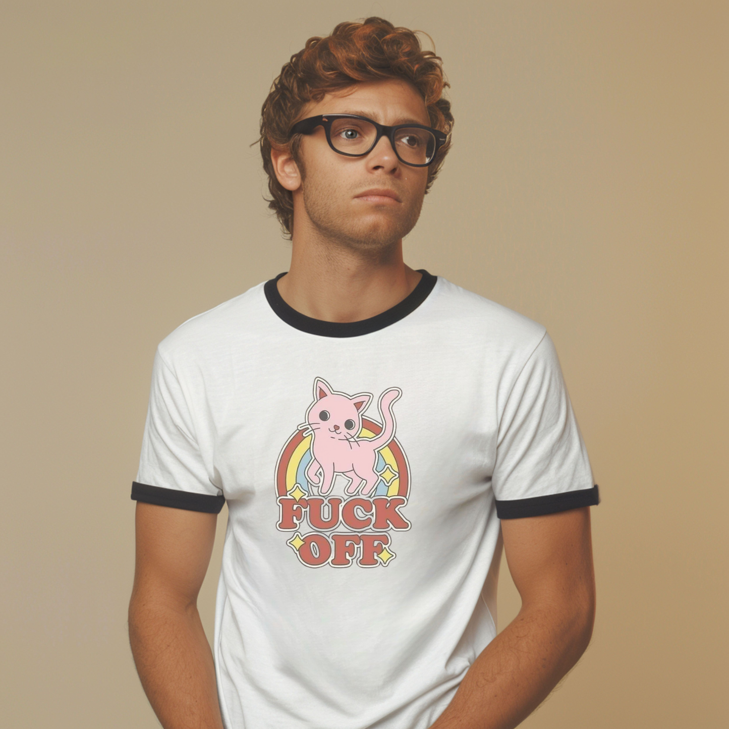 Retro Cat Says F*ck Off - Unisex Ringer Tee – Bold & Playful Attitude