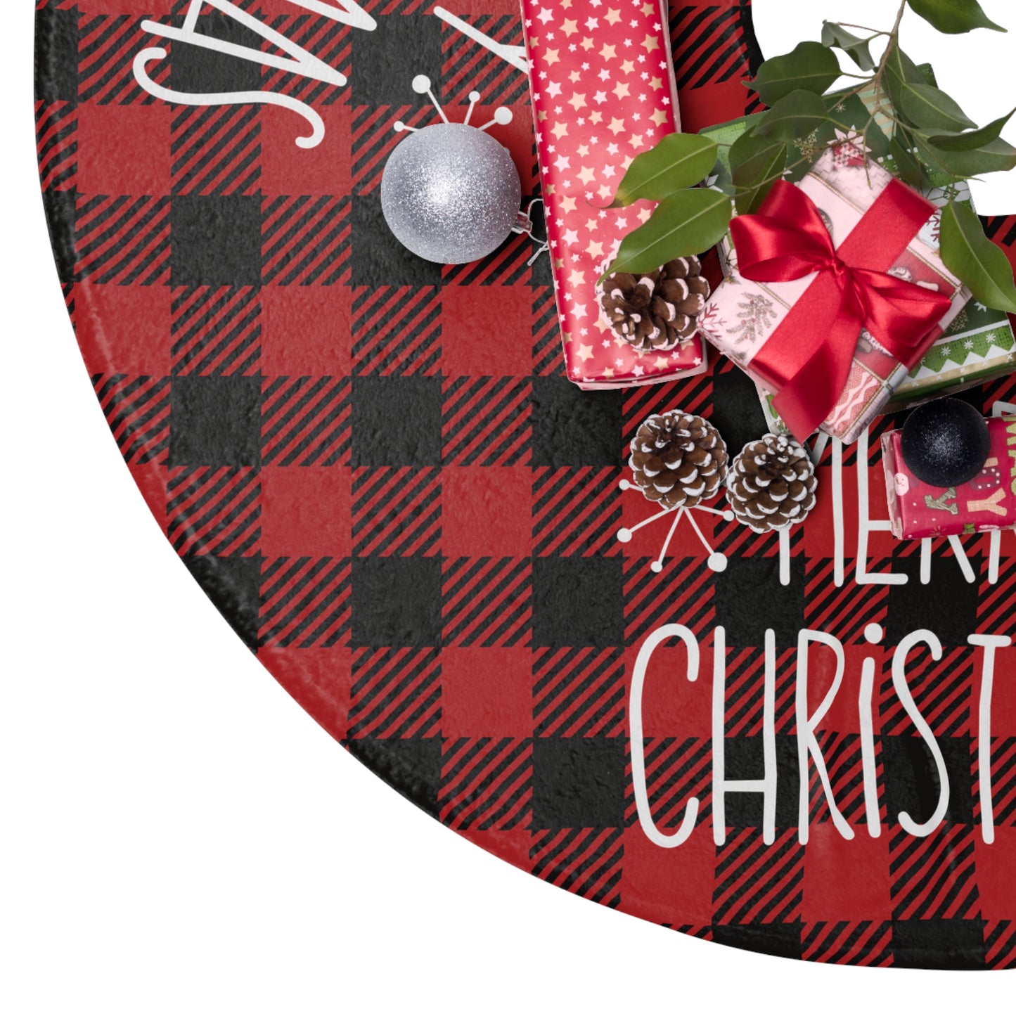 Merry Christmas Tree Skirt – Red Plaid Christmas Tree Base with Cozy Fleece