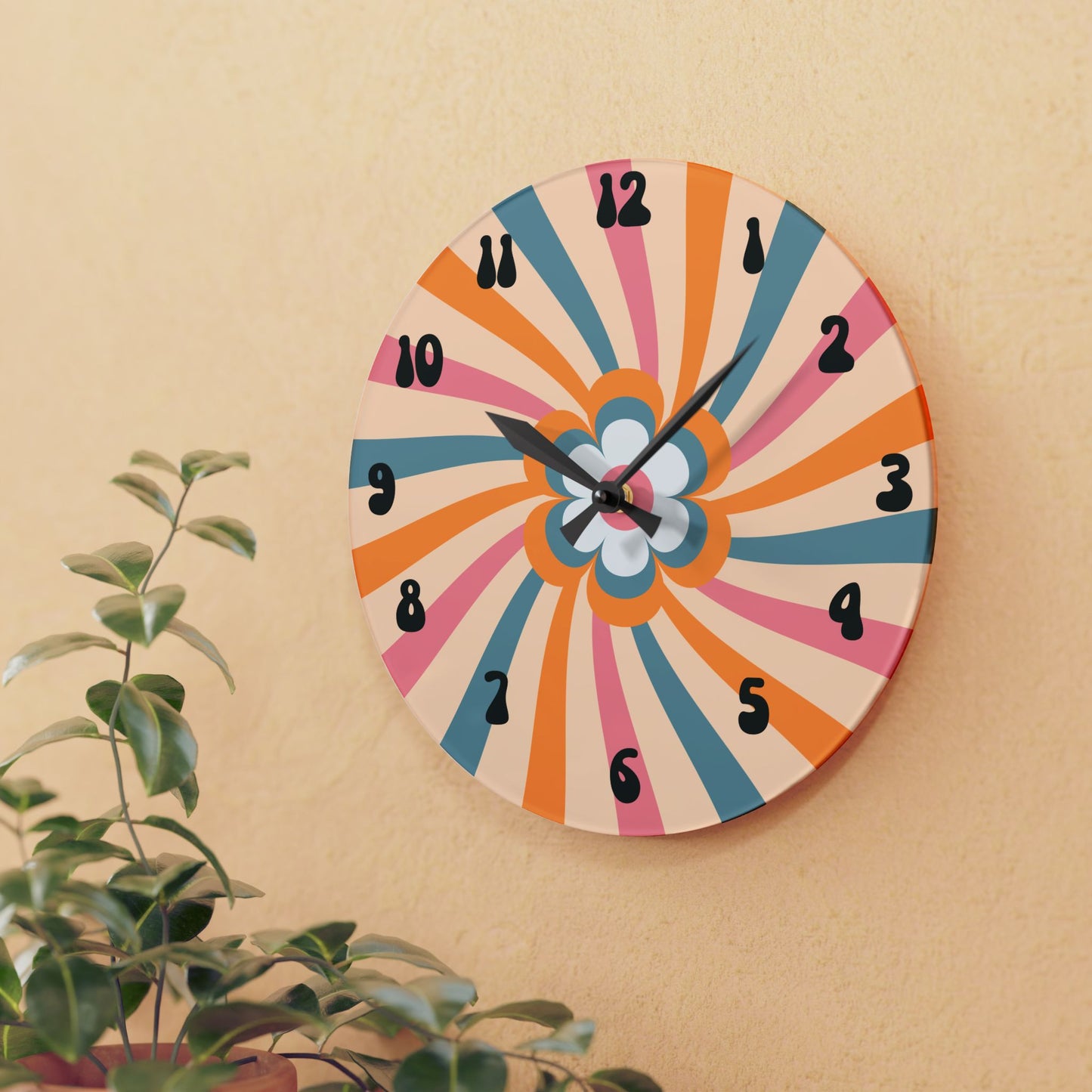 Retro Flower Acrylic Wall Clock – Mid-Century Modern Wall Decor in Round or Square