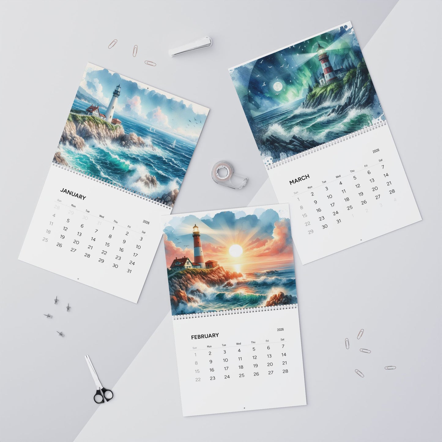 Lighthouse Watercolor Art 2026 Wall Calendar – Coastal Scenic Artwork