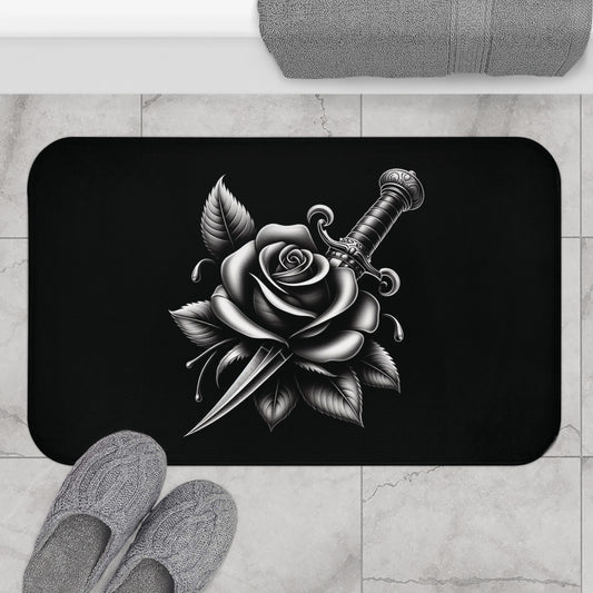 Rose n Dagger Bath Mat | Gothic Bathroom Decor | Microfiber Non-Slip Rug | Matching Shower Curtain Accessory