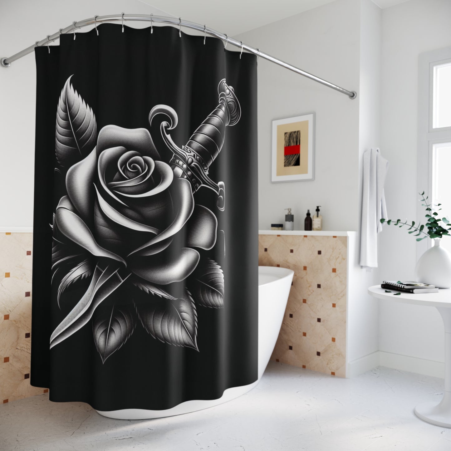 Rose & Dagger Shower Curtain – Gothic Bathroom Decor, Polyester Shower Curtain