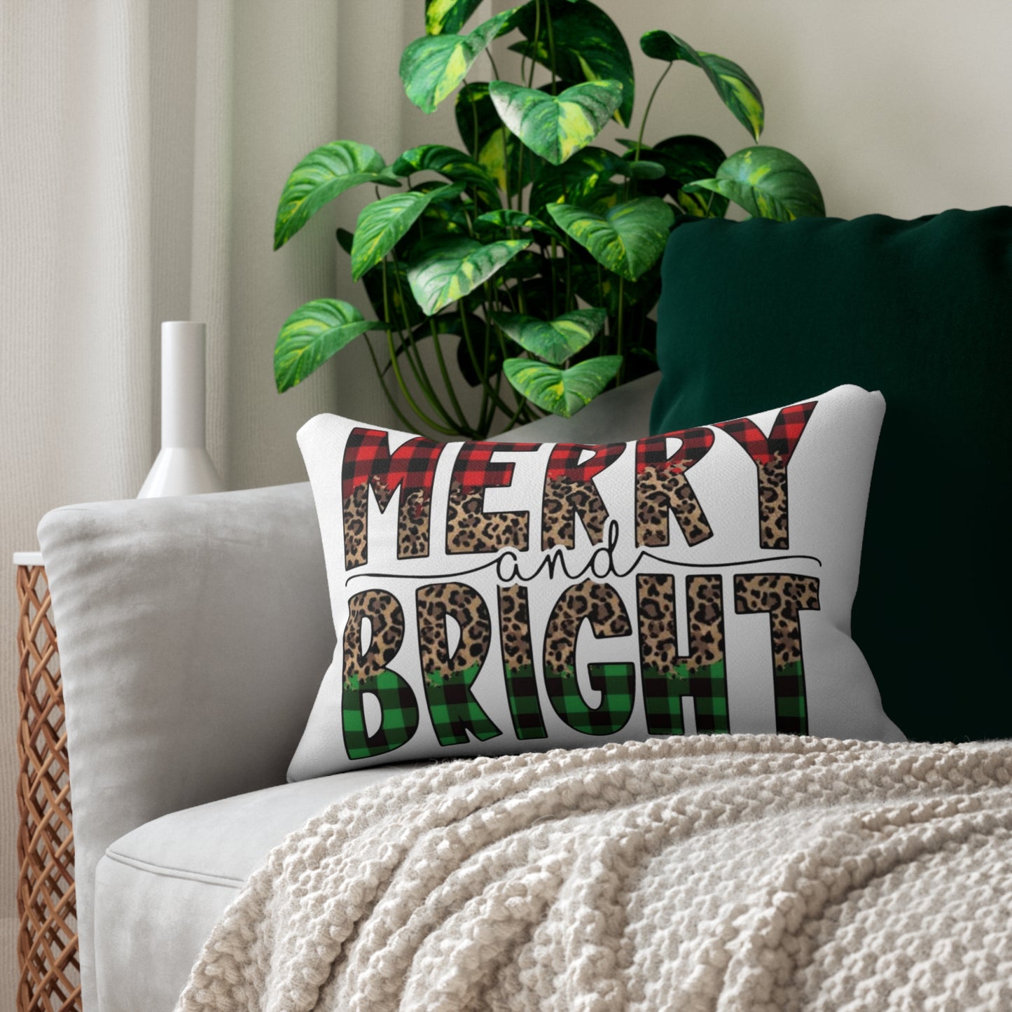Merry and Bright Lumbar Christmas Pillow – Festive Holiday Accent Cushion - 20" x 14"