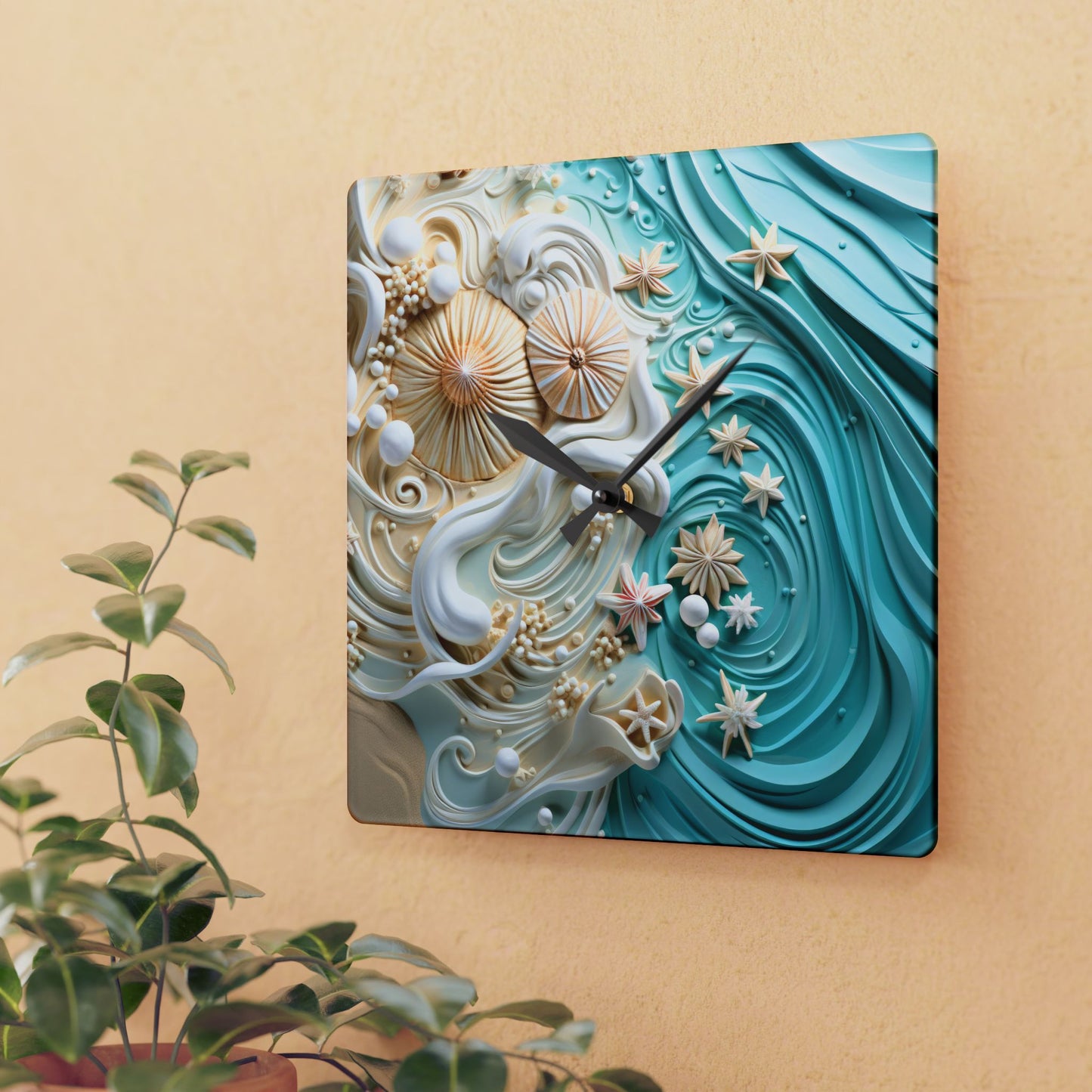 Ocean Waves & Seashells Acrylic Wall Clock – Coastal Charm for Any Room