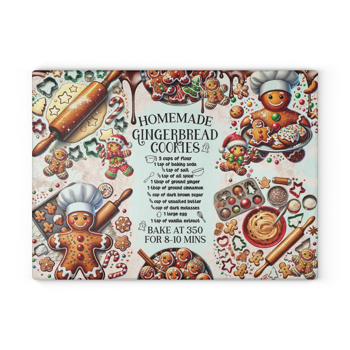 Whimsical Gingerbread Recipe Glass Cutting Board – Festive Kitchen Decor