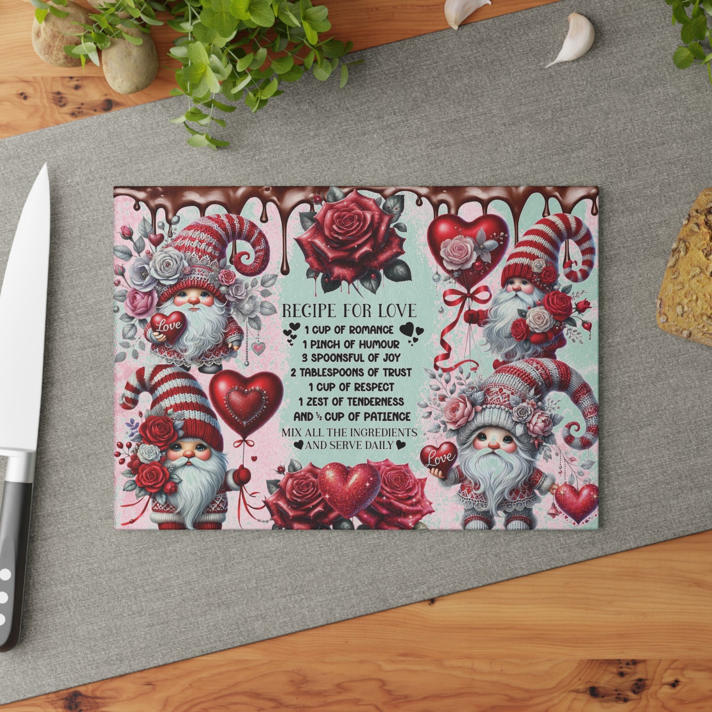 Gnome Love Glass Cutting Board – Tempered Glass Kitchen Board with Vibrant Whimsical Art