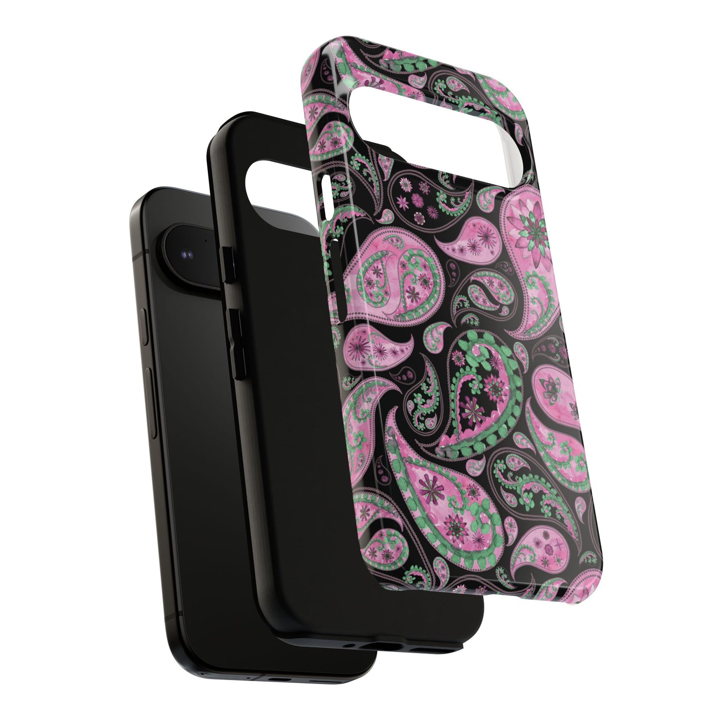 Phone case with pink and green paisley pattern on a white background