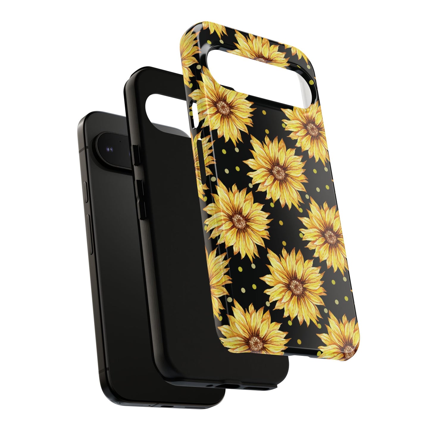 Phone case with sunflower design on a black background
