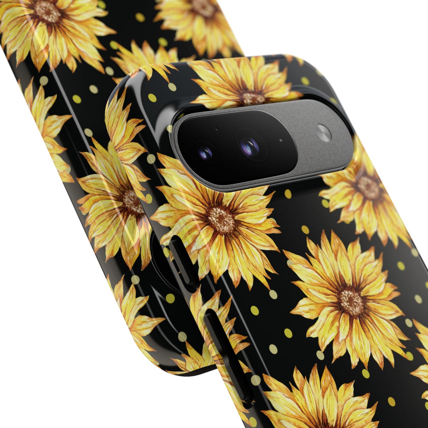 Phone case with yellow sunflower pattern on a black background