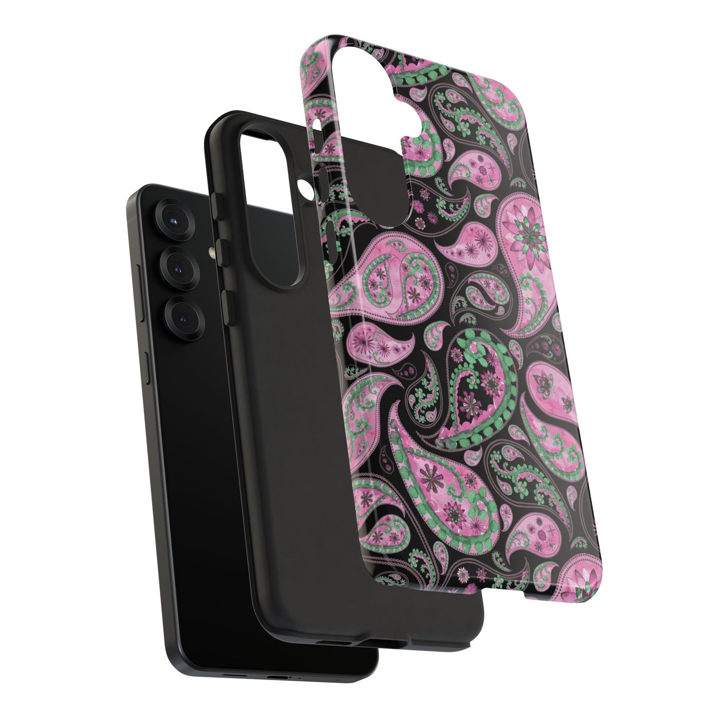 Phone case with pink and green paisley pattern on a white background
