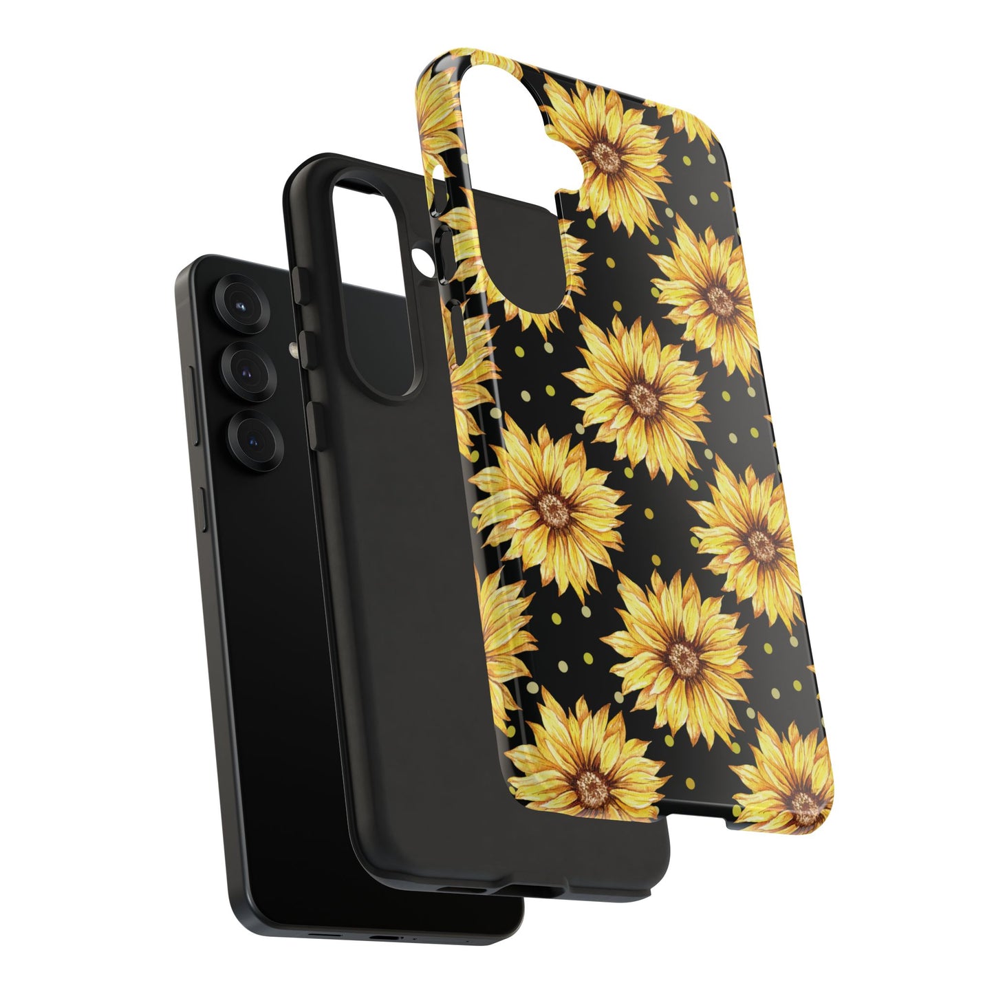 Phone case with sunflower pattern on a black background