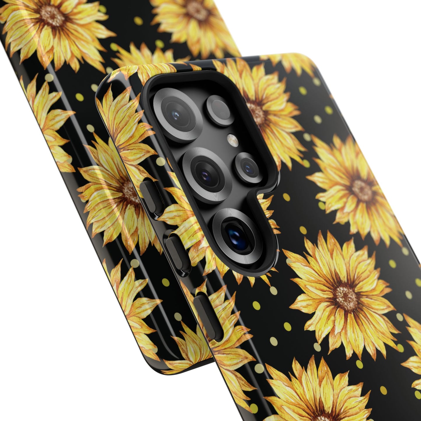Phone case with sunflower pattern on a black background