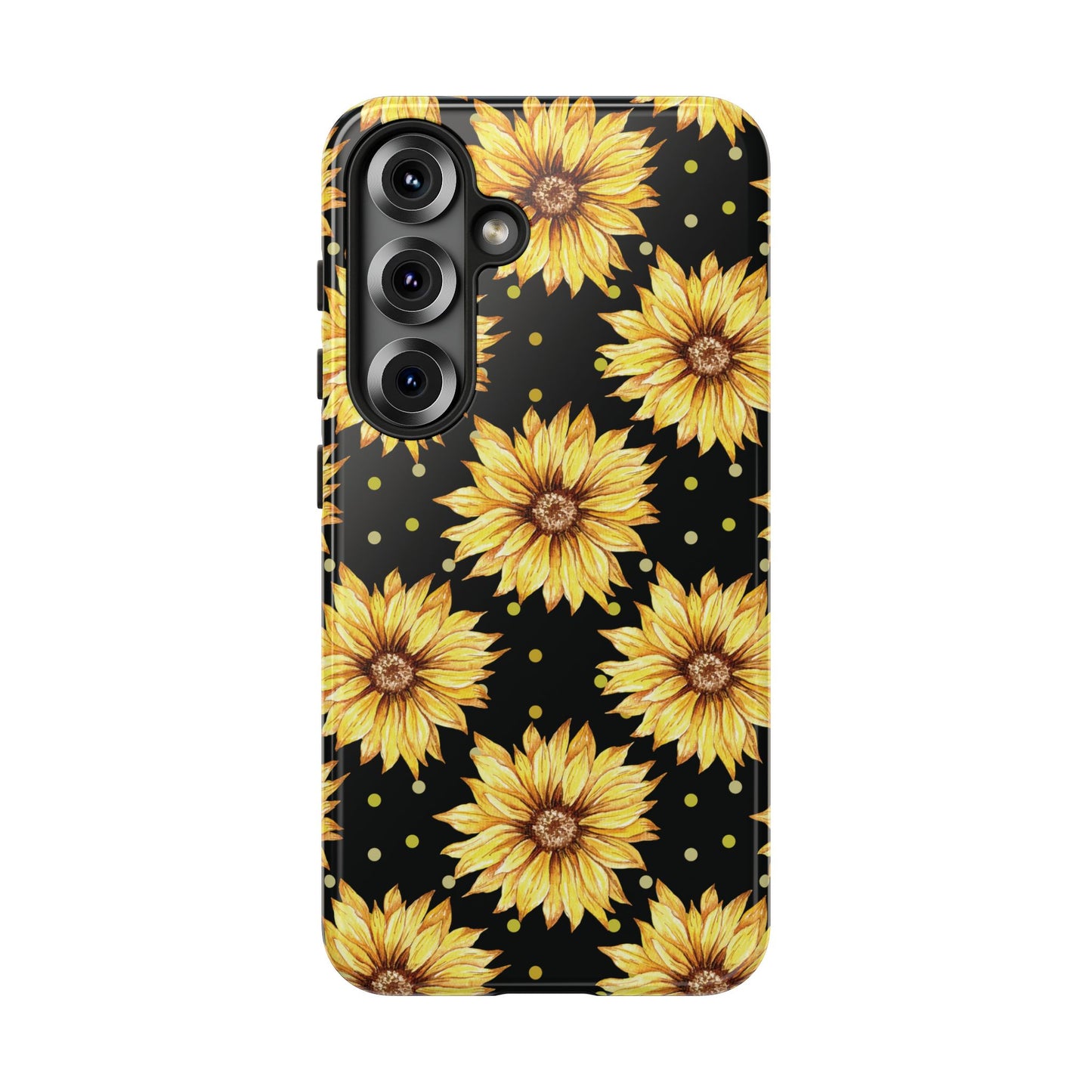 Phone case with yellow sunflower pattern on a black background