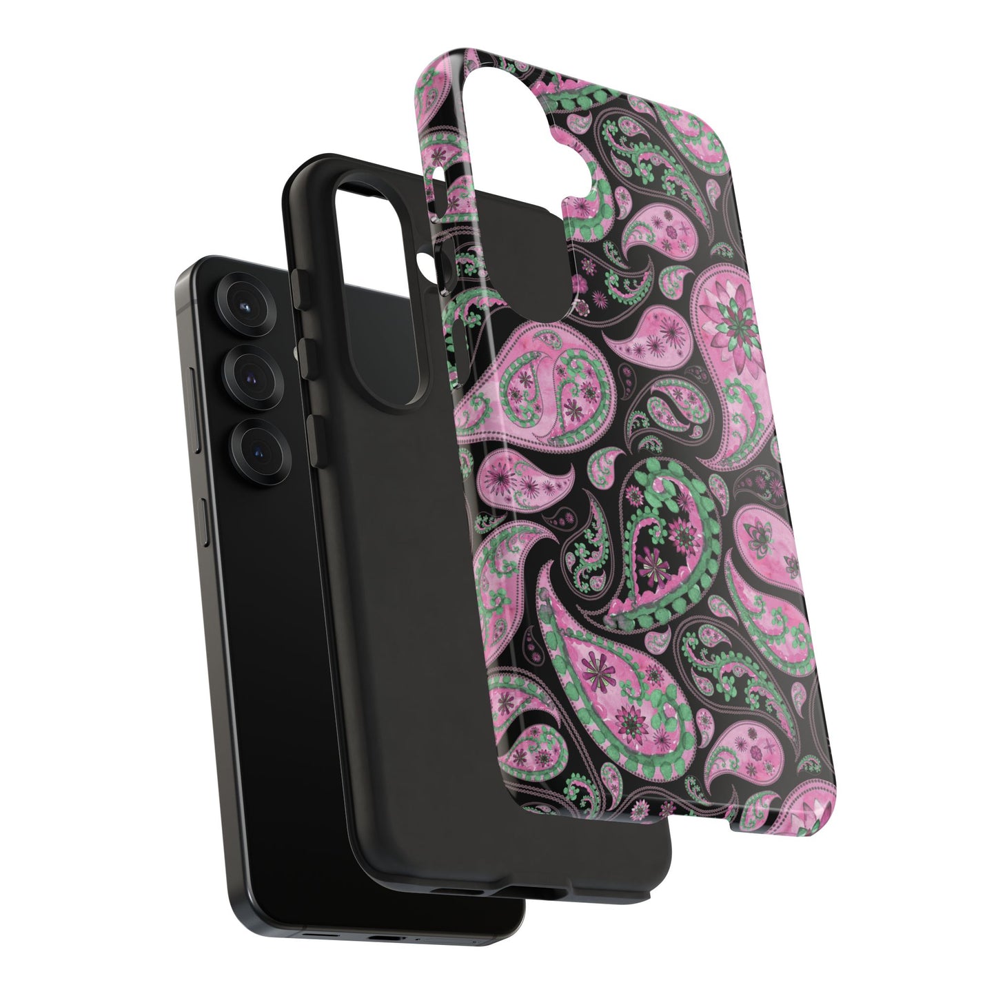 Black phone case with pink and green paisley pattern on a white background