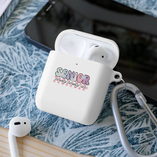 white AirPods case with 'Senior 2026 ' text on a  retro pastel background