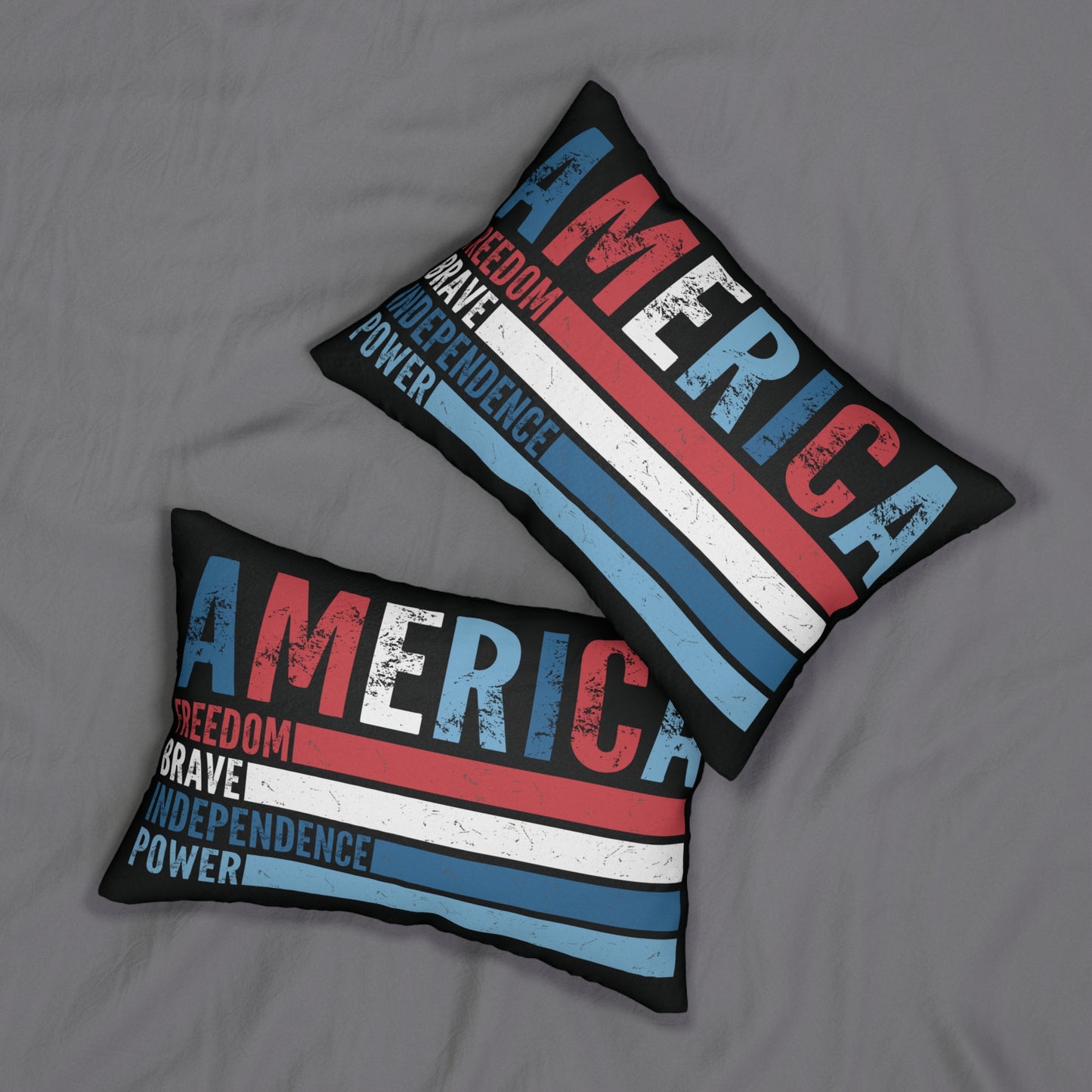 Two decorative pillows with 'America' text and stripes on a gray background