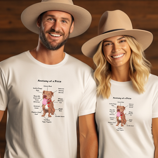 Two people wearing white t-shirts with a diagram of a Pittie and text, standing against a wooden background.