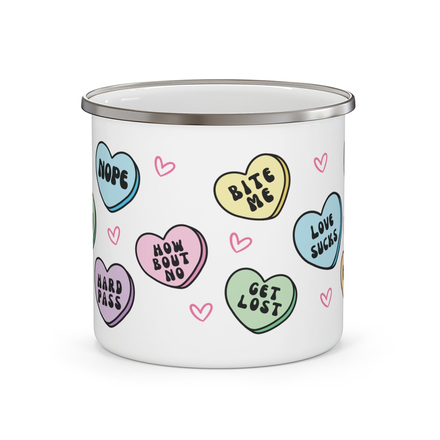 White enamel mug with colorful heart-shaped sayings on a white background, anti valentines day 