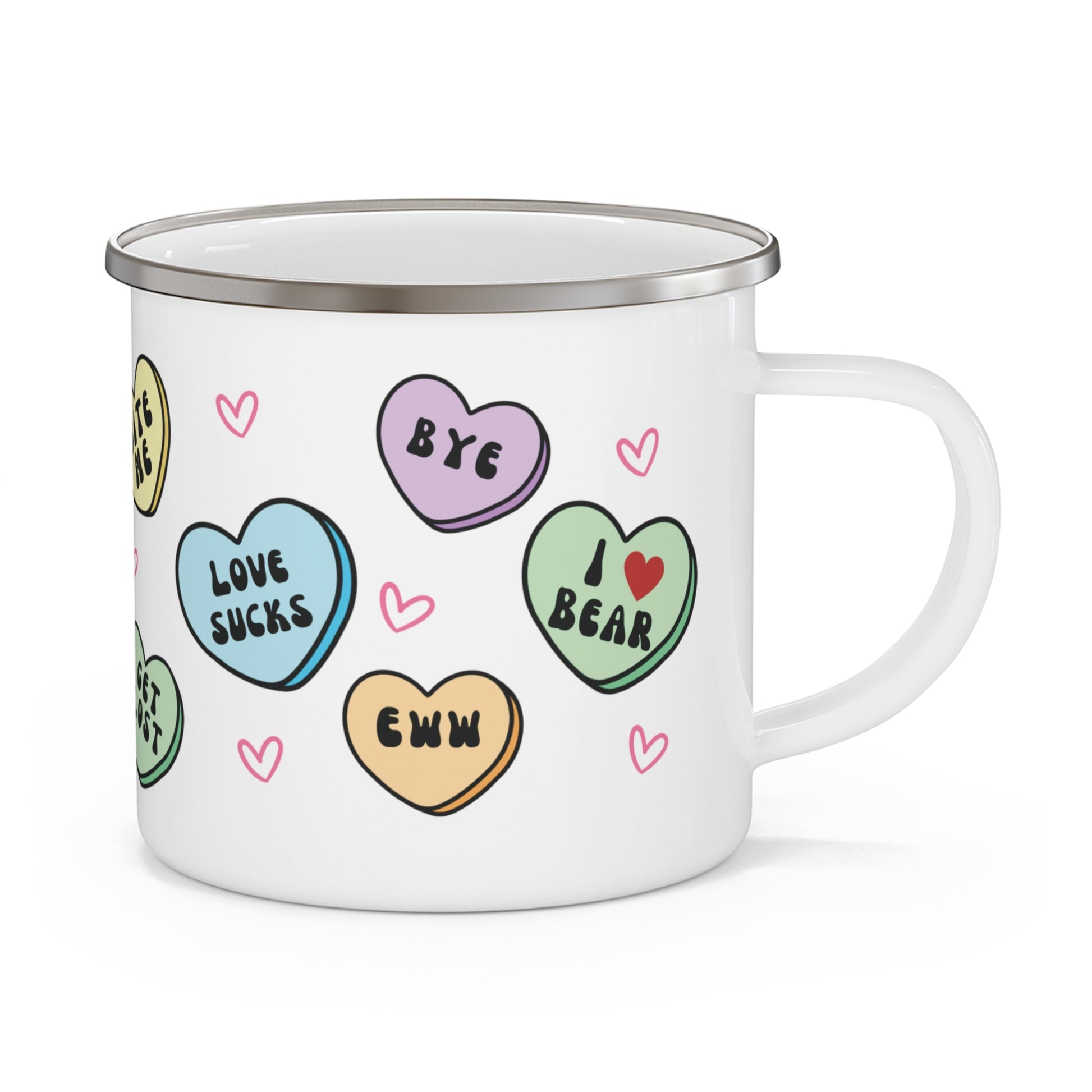 White mug with colorful heart-shaped designs and text on a white background, anti valentines day hearts